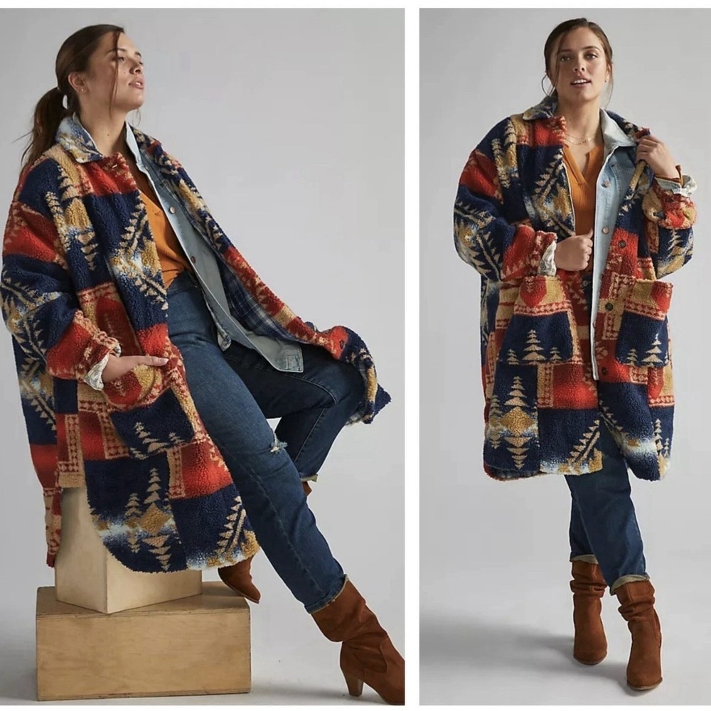 ANTHROPOLOGIE x PILCRO Sherpa Duster Jacket Red Blue Aztec Blanket Coat Sz M